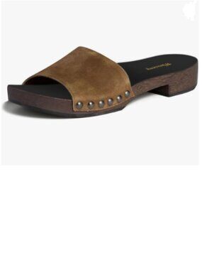 Wansseny Brown Suede Studded Rivets Open Toe Flatform Mules Slip on Sandals